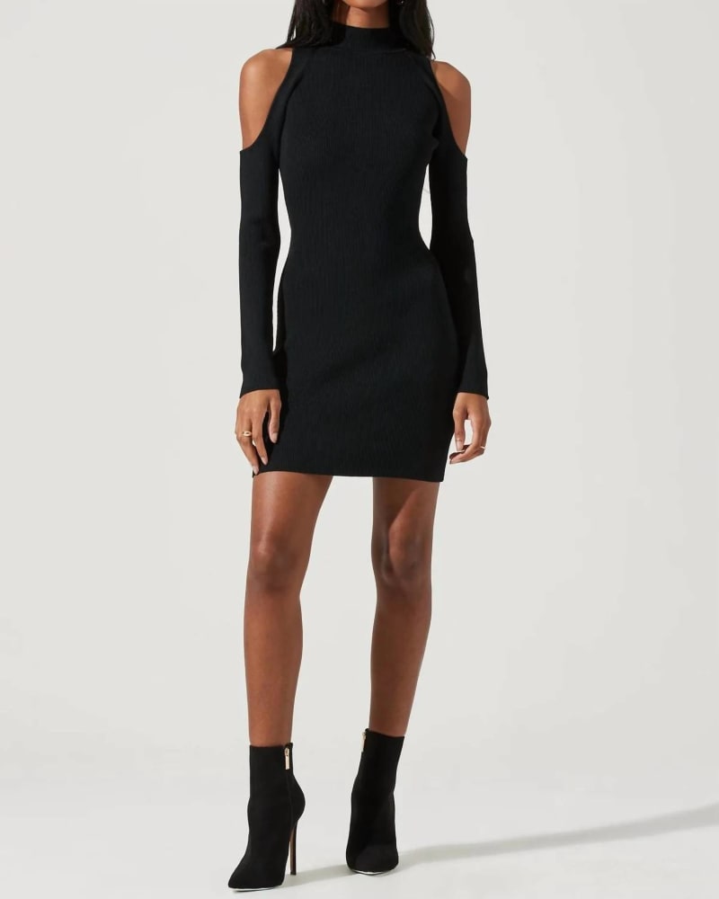 Front of a model wearing a size L Kade Shoulder Cutout Mini Dress In Black in Black by ASTR. | dia_product_style_image_id:359600